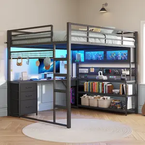 ADORNEVE Gaming Loft Bed Full Size with L-Shaped Desk, Arcylic RGB Hutch & Safety Power Outlet, Metal Loft Bed Frame with Storage Drawer, Shelves, Safety Guardrail, Space Saving for Teens