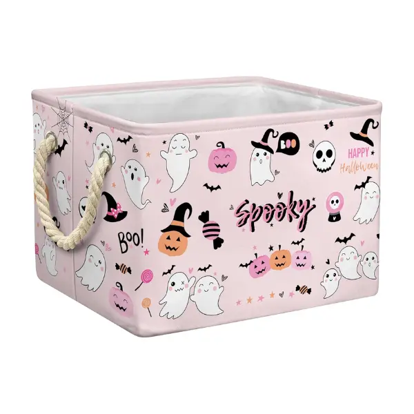 Halloween Basket, Pink Foldable Storage Bin with Handles for Kids