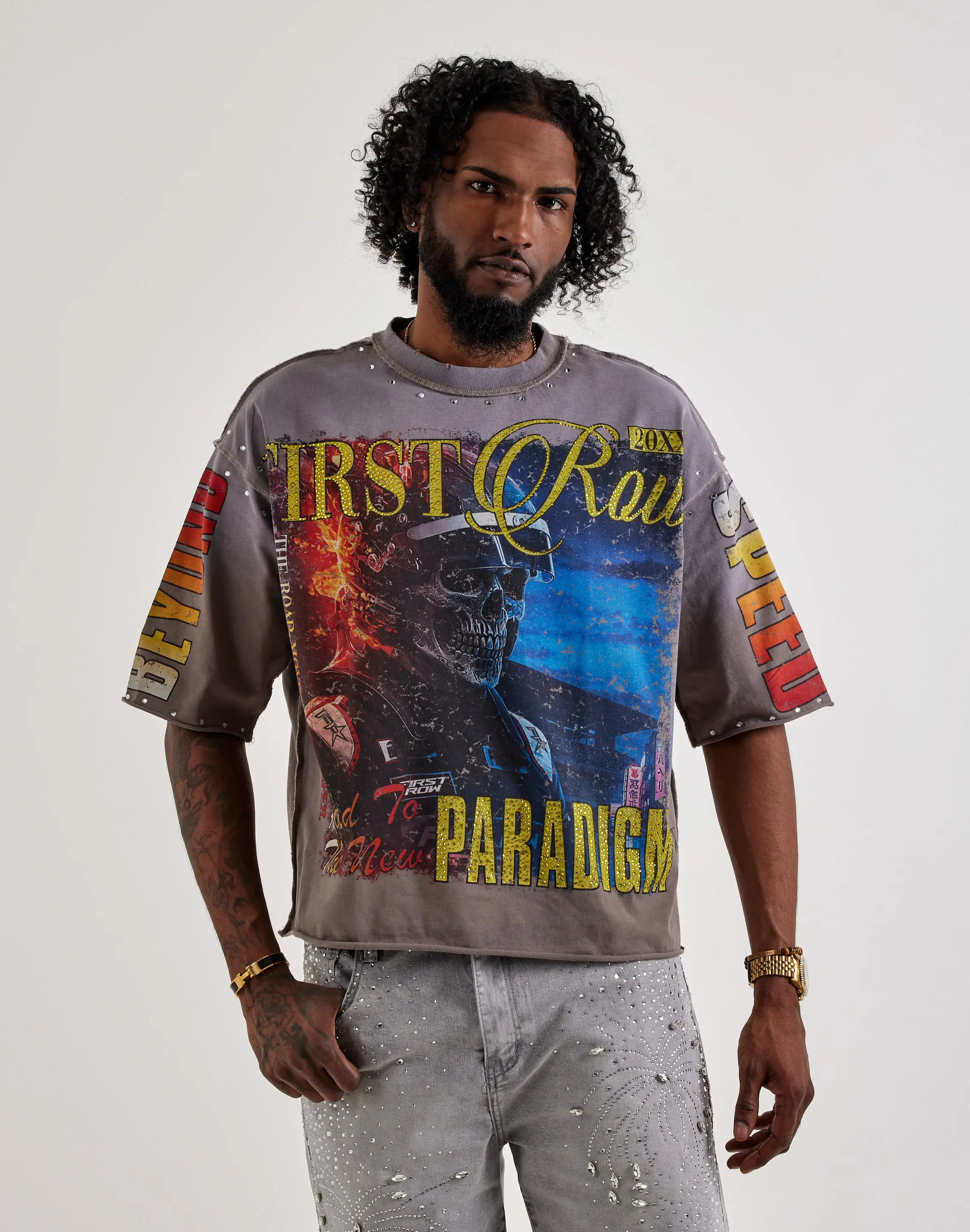 Mens First Row Cropped Beyond Speed Rhinestone Tee