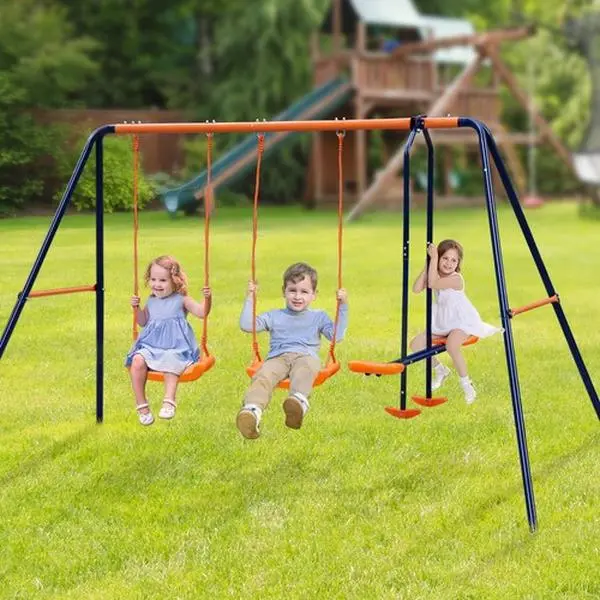 Zeny Metal Toddler Slide Playset - Adjustable Rope Swing Set, Iron & PE, Rust-Resist Steel, Weather-Resistant Coating, 200kg/440.9 lbs Capacity for Backyard, Lawn, Lakeside Playground Equipment