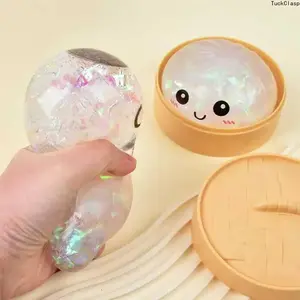 Glitter Dumpling Squishy, Rainbow Dumpling Fidget Stress Relief Toy with Steamer Box, Soft Squeeze Anti-Anxiety Decompression Toy for Adults & Kids