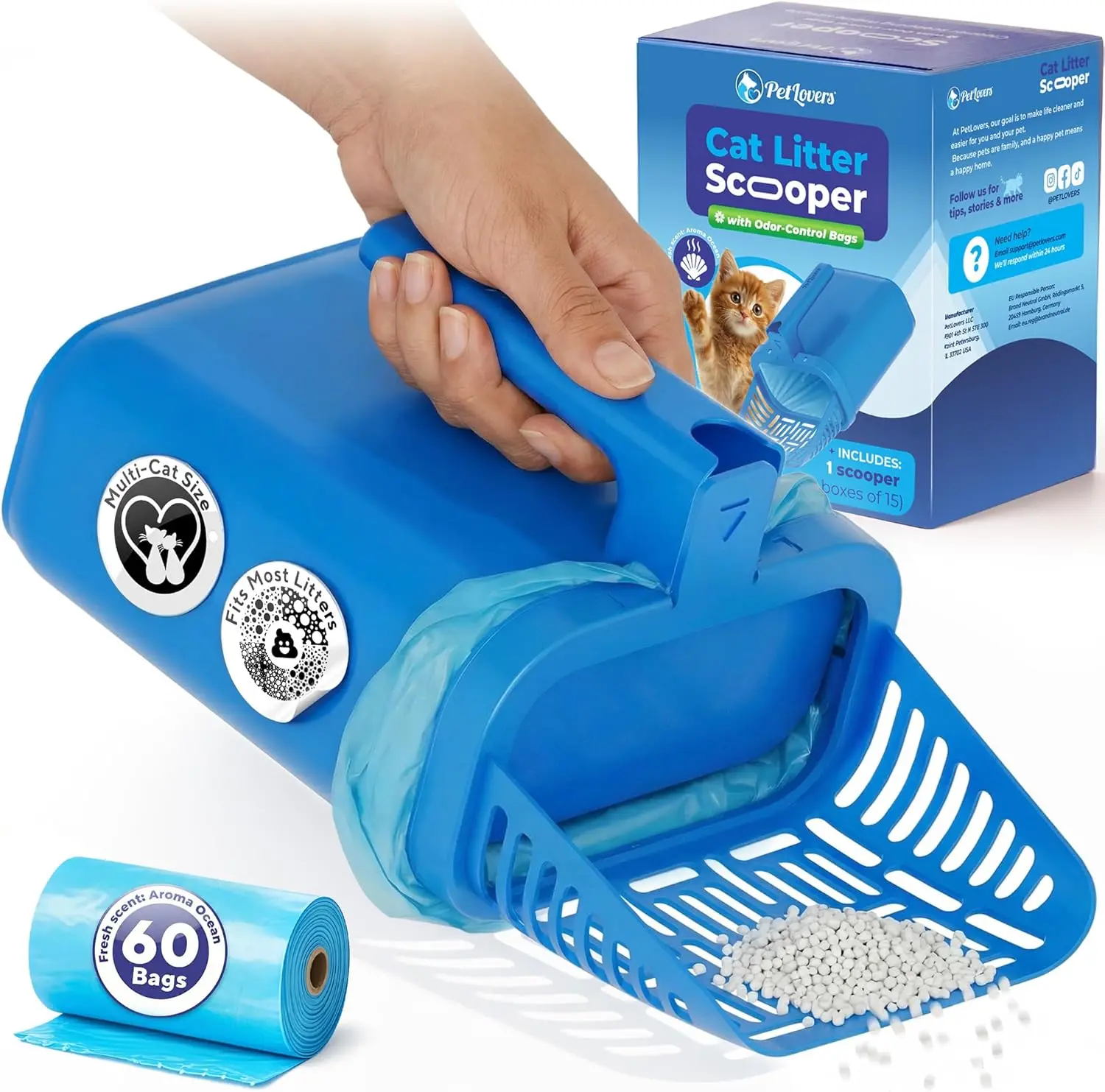 PetLovers Cat Litter Scooper with Built-in Bag, No-Touch One-Handed Kitty Litter Scoop for Open-Top Boxes 14+ Inches Wide, Hinged Clumping Poop Shovel, Seal & Toss Waste System (Bags Included)