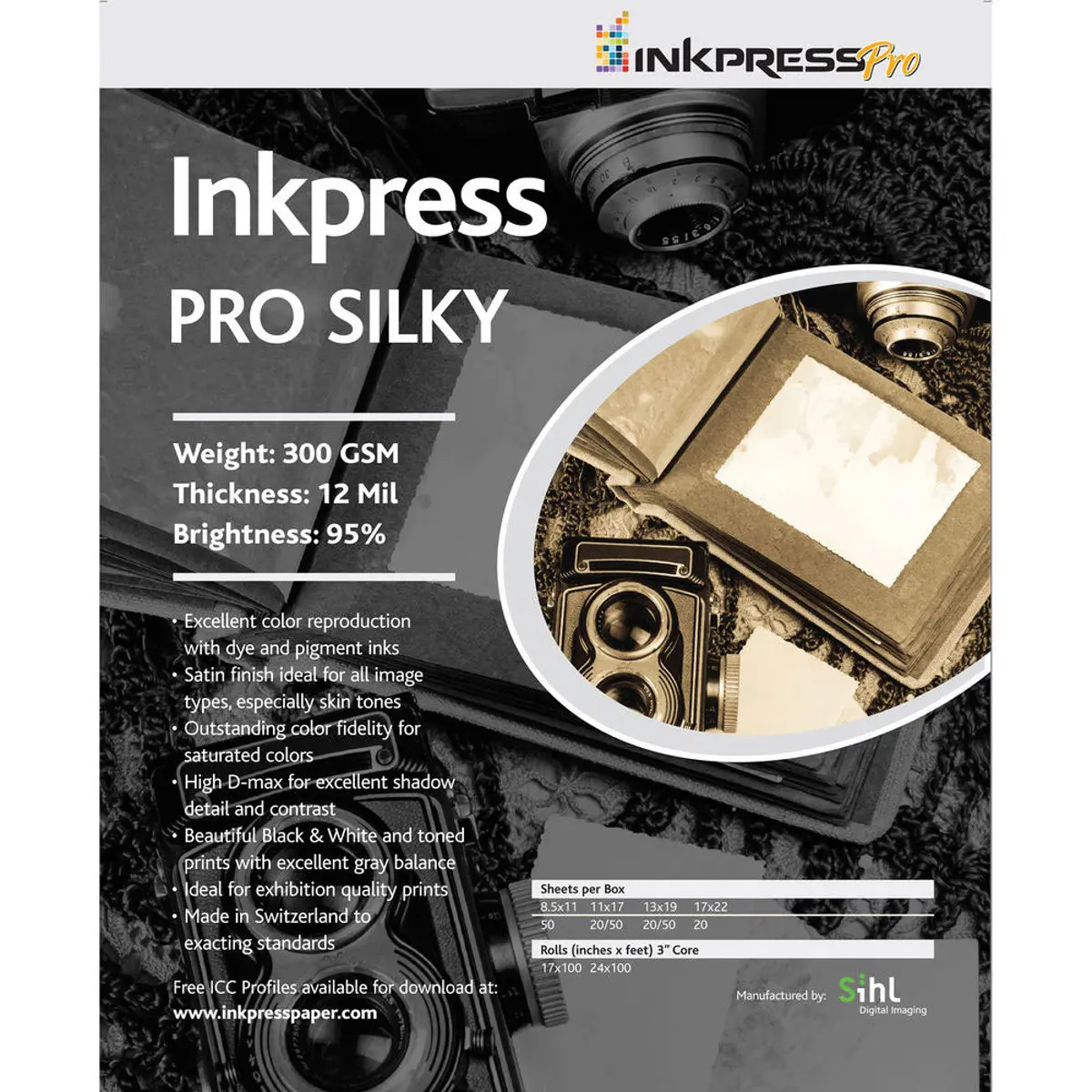Inkpress Pro Silky Inkjet Photo Paper, 300gsm, 12mil, 95% Bright, 5x7", 100 Sheets