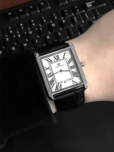 Men's Elegant Quartz Watch, Silver Color Sus304 Stainless Steel Case, PU Leather Strap, Roman Numeral Dial, Square Dial Wristwatch, Waterproof Business Wristwatch, Water Resistant Watch
