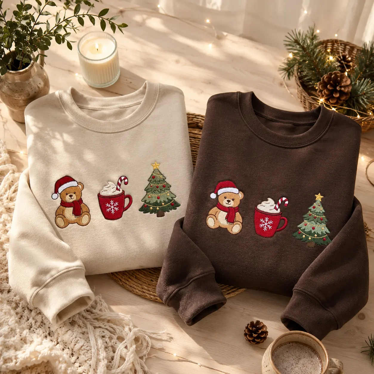 Embroidered Christmas: Bear, Tree, Hot Cocoa Sweatshirt, gift mery christmas