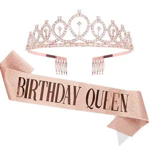 Birthday Queen Crown & Sash Set, 1 Set Rhinestone Crown & Sash, Birthday Party Decoration Supplies for Women & Girls Tiaras