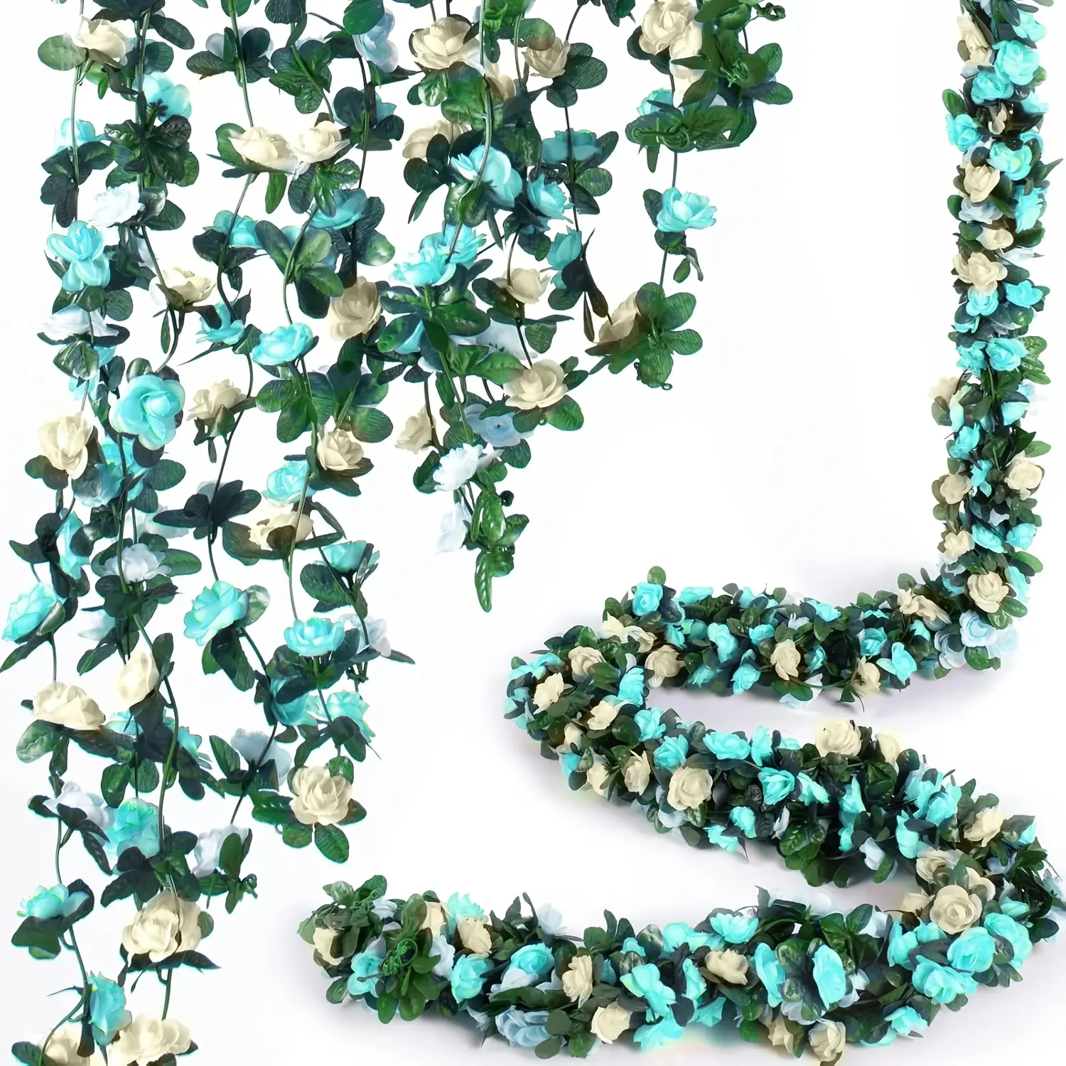 8Pcs Teal White Artificial Rose Garland Vines - Decorative Wreaths, Garlands & Swags, Floral Arch Wreaths for Party, Wedding, Home Decor (Garden, Room Table Use), Floral Arch Wreaths, Garlands & Swags