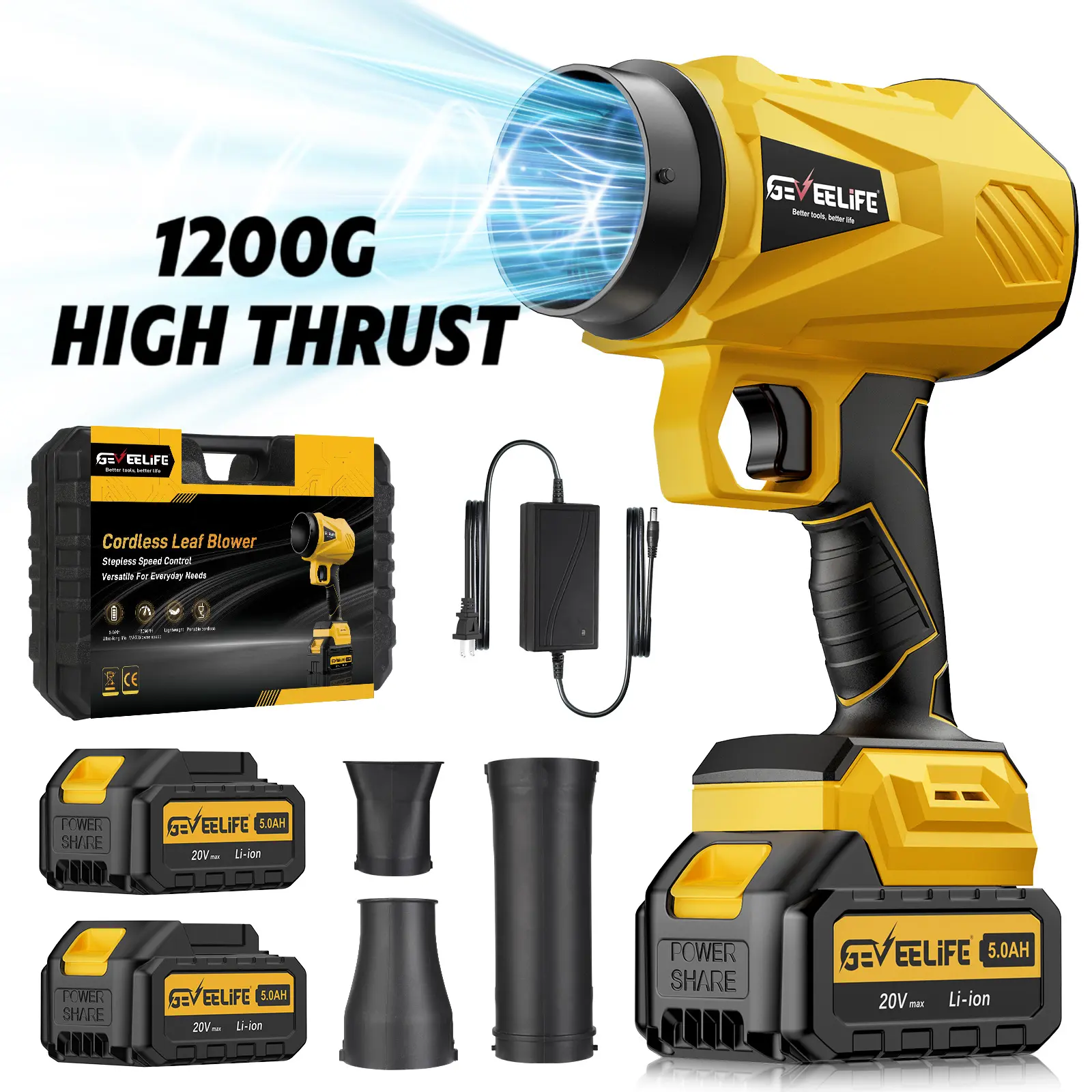 Turbo Jet Blower 200W Cordless Leaf Blower with 1200G Airflow Dual Battery Fast Charging Lightweight Ergonomic Design for Home Garden Maintenance