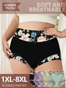 5 Pack Plus Size Ditsy Floral Women's Underwear 1xl-8xl, High Waisted Briefs Comfortable Breathable Panties Design, Soft Stretchy Cotton for All Seasons