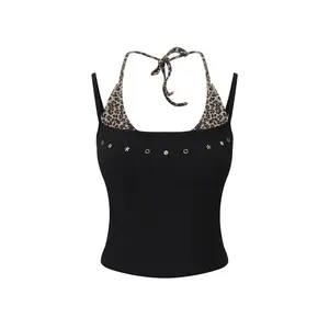 FDR Leopard Print Eyelet Rivet Decor Halter Neck Fake Two Piece Cami Top Womenswear