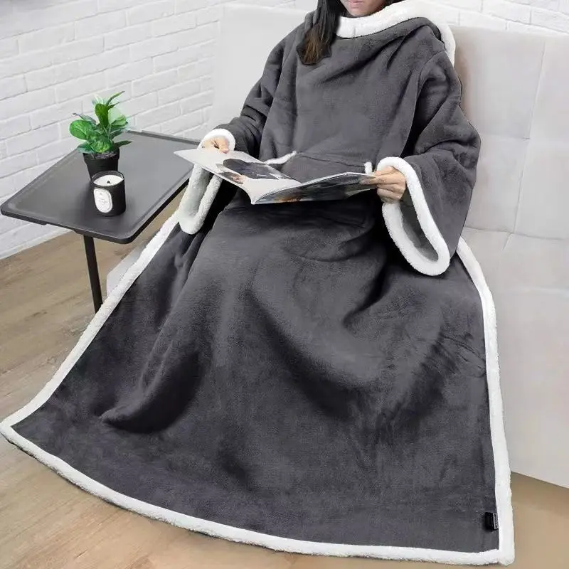 Catalonia Sherpa Wearable Blanket with Sleeves & Pockets for Adult Women Men, Comfy Snuggly Wrap Sleeved Throw Blanket Robe, Gift Idea, Grey, Soft Cozy Blanket