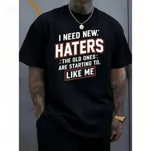 I NEED NEW HATERS Graphic Tee - Men's Plus Size Casual Crew Neck T-Shirt with Bold Red Text, Stylish and Trendy Design for Fashion-Forward Men