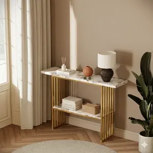 Modern Luxury Gold Metal Frame Console Table , Chic Entryway Table with Storage Shelf for Living Room Decor