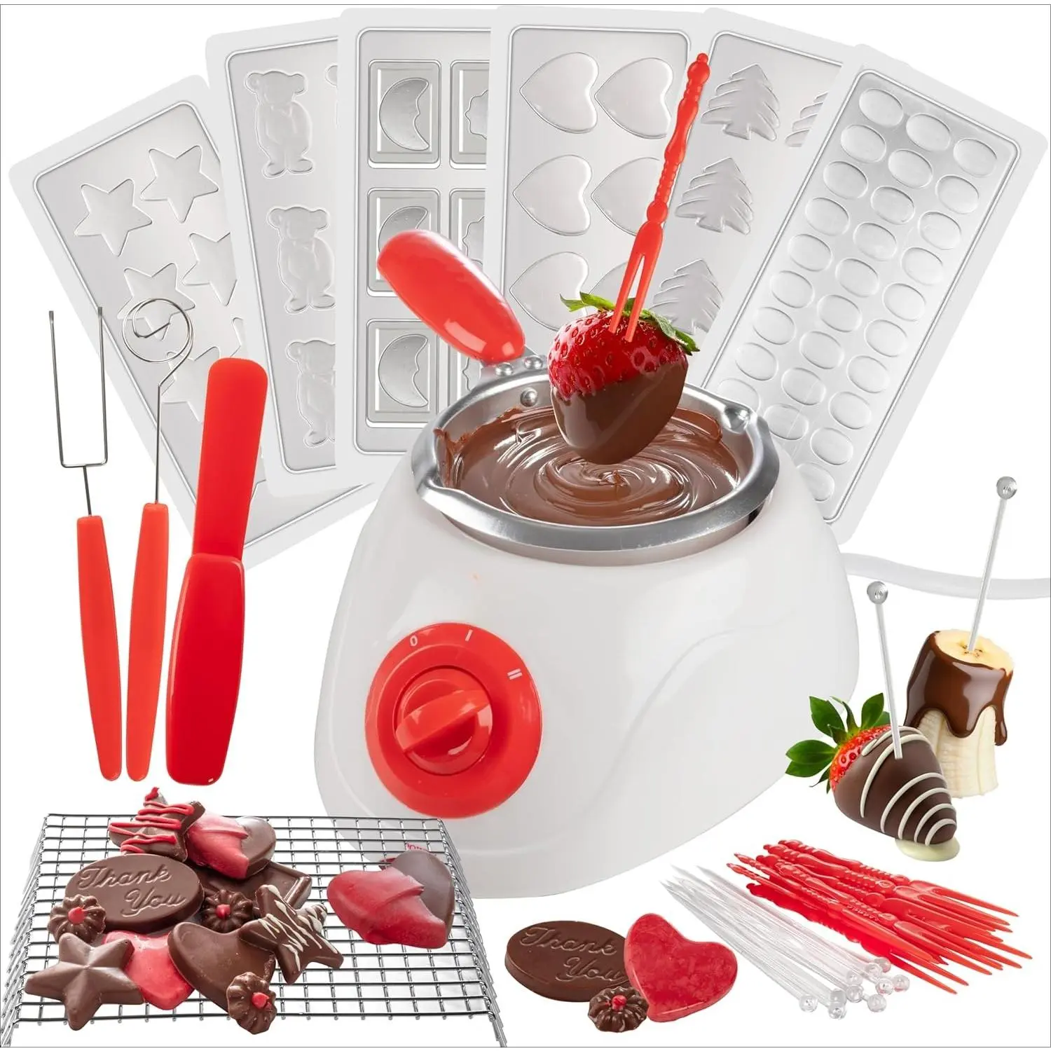 Electric Chocolate Melting Pot Fondue Set - Over 30 Pcs Dip & Decorate Kit with 7 Fondue Forks, Baskets, Warm Holding, Easy Pouring, Dipping & Drizzling, Melts All Chocolate Types, for Mother's Day Brunch, Home Festive Dessert Tables