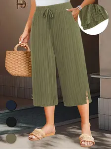 【Plus Size】 Solid Color Capri Pants, Casual Comfy Wide Leg Pants for Summer, Women's Bottoms for Daily Wear, Casual Chic Bottoms