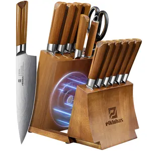 【TikTokShopJumpstart】Kitchen Knife Sets With Block, Piklohas 15 Pieces Knife Sets With Magnetic Detachable Knife Holder, High Carbon Steel Damascus Pattern Chef Knife Set With Steak Knives, Ideal For House Warming Gift Valentines Day Gift