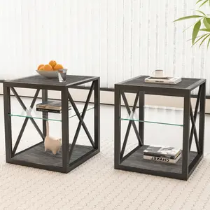 Set of 2 Modern End Table Nightstand for Bedroom & Living Room, Tempered Glass&Rustic Wood Grain MDF, Industrial Style Side Table
