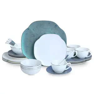 24-Piece Bone China Dinnerware Dishwasher Safe Chip-Resistant Fine China green Floral Ceramic Dinnerware Handmade Reactive Glaze Stoneware Plates and Bowls Poreclain Dinnerware dish dishes kitchen set Cutlery Tableware Oven