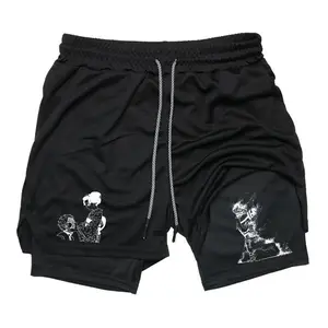 Demon Slayer Tanjiro & Mitsuri Black White Line Art Men's Streetwear 2-in-1 Shorts Sweat Shorts with Anime Ninja Graphic Print Drawstring Waist Casual Summer Shorts for Men Trendy Drip Clothing