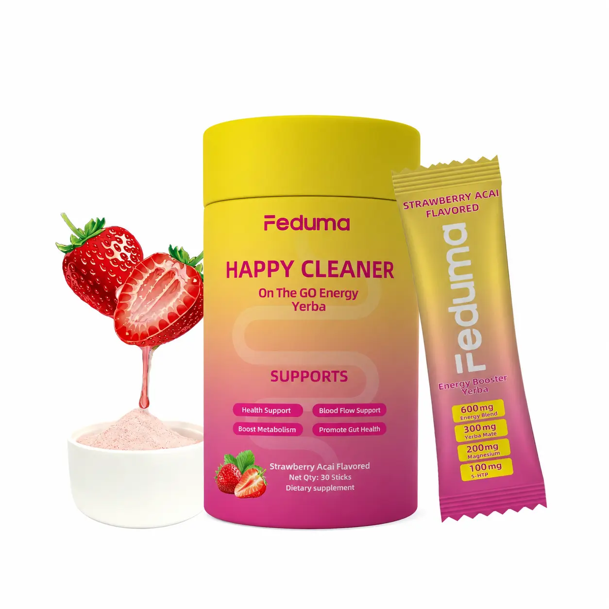 Feduma Happy Cleaner Cutting Drink Mix Berberine Chromium 5-HTP Yerba Mate Magnesium Strawberry Flavor 30 Sticks