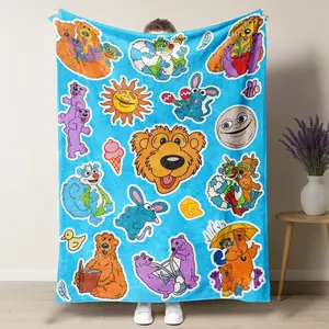 Bright Blue Bear & Friends Throw Blanket – Playful 90s Kids' Show Character Stickers, Cozy Soft Blanket for Nostalgic Fans & Bedtime Snuggles