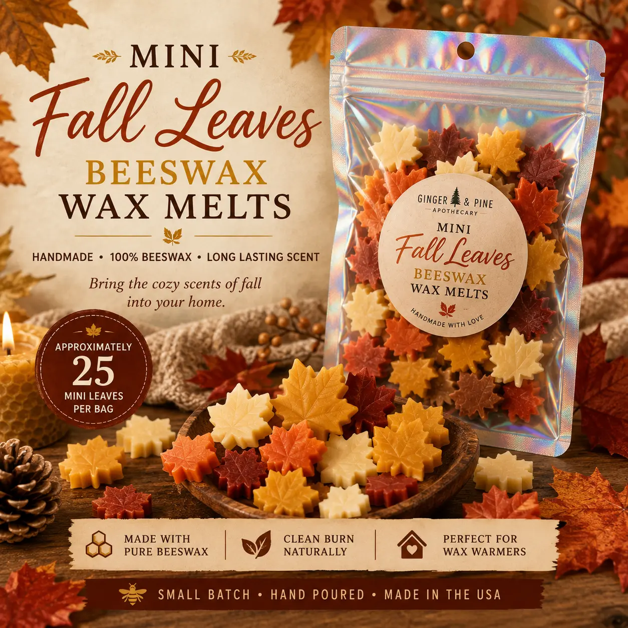 Cozy Handmade Beeswax Mini Fall Leaves Melts - Fragrance for Home Decor, Home Supplies