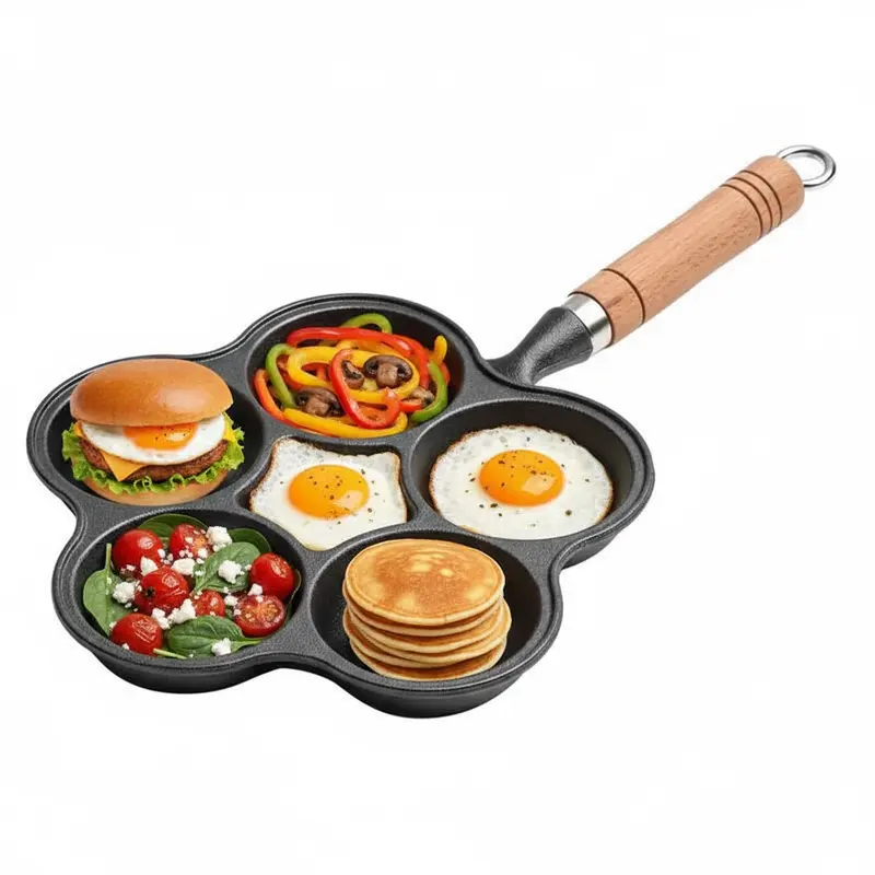 6-Hole Cast Iron Frying Pan Non-Toxic Naturally Non-Stick Fits All Stoves for Eggs Mini Burgers Pancakes Safe Everyday Use Easy Cleanup