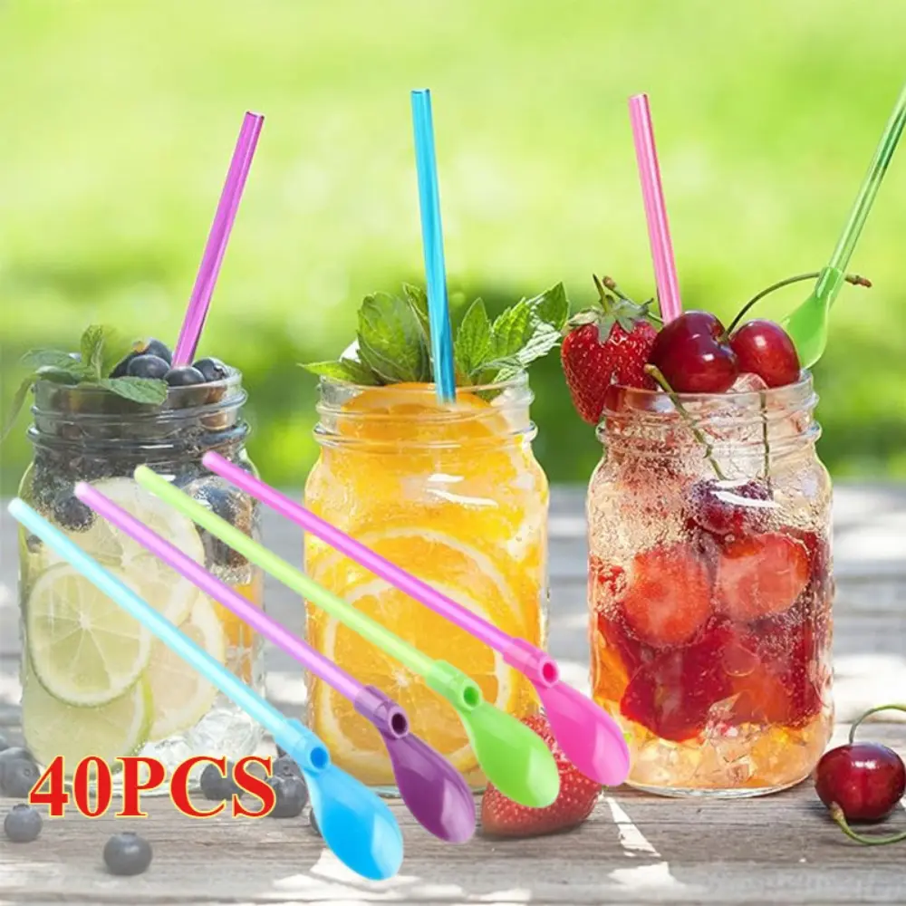 40-Pack Sturdy Colorful 2-in-1 Plastic Straw Spoon Utensils, Reusable Detachable Wide Diameter Beverage Tools for Smoothies, Hot Drinks, Home Bar Accessories
