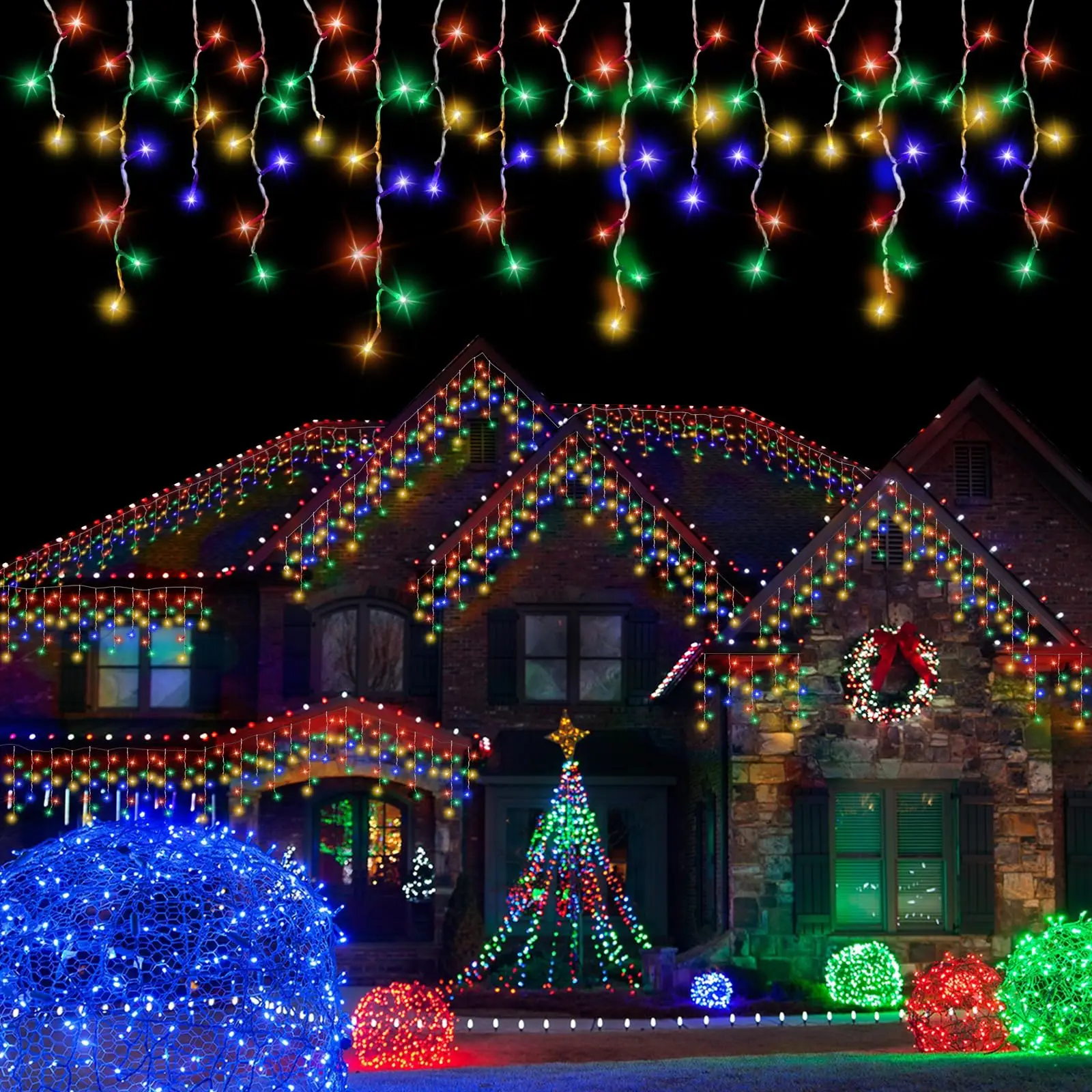 PEMOTech 32.8FT Christmas Lights 432 LED with Remote, 85 Drops, Plug-In Connectable, Waterproof for Outdoor Decorations