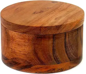Acacia Wood Salt or Spice Box with Swivel Cover for Table Salt Gourmet Salts Herbs and Seasonings on Countertop