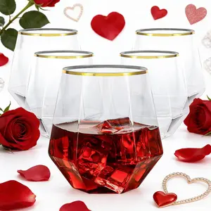 Goodluck 40 PCS Diamond Stemless Plastic Wine Whiskey Glasses, 12 Oz Disposable Cocktail Glasses, Suitable for Weddings, Birthday Parties, Family Gatherings, Bars, etc (Gold rimmed cups) coffee iced with lids