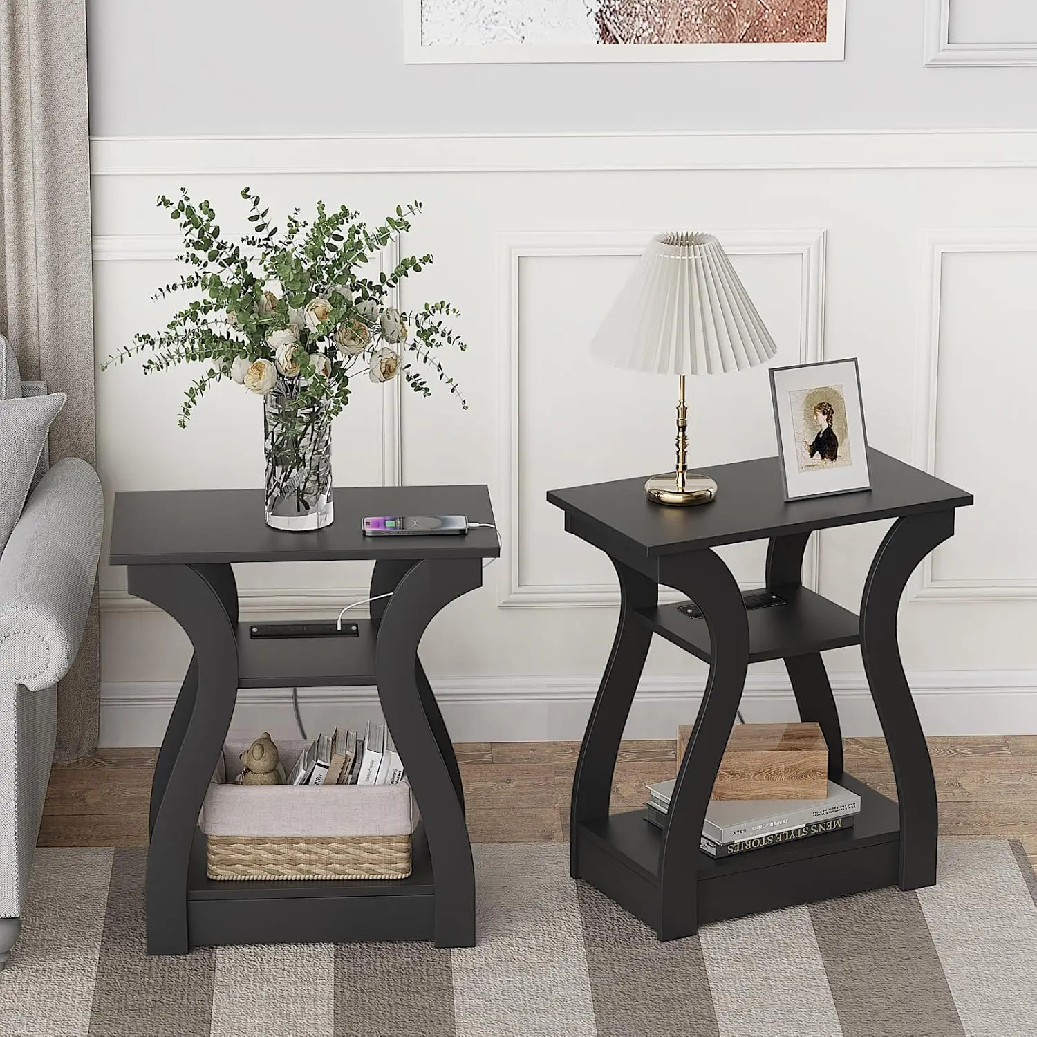 3 Tier End Table with Built‑in Charging – Modern Curved Side Table with USB, Type‑C & AC Outlets, Storage Shelf for Living Room, Bedroom or Home Office