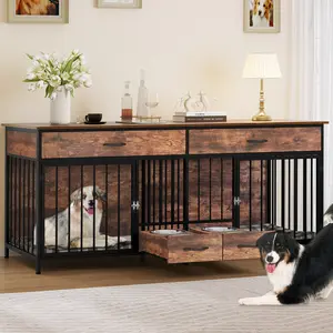 DWVO Double Dog Crate Furniture with Feeder, Indoor Dog Kennel for Large Breed with Storage, Wooden Dog Crate TV Stand Table for Dogs