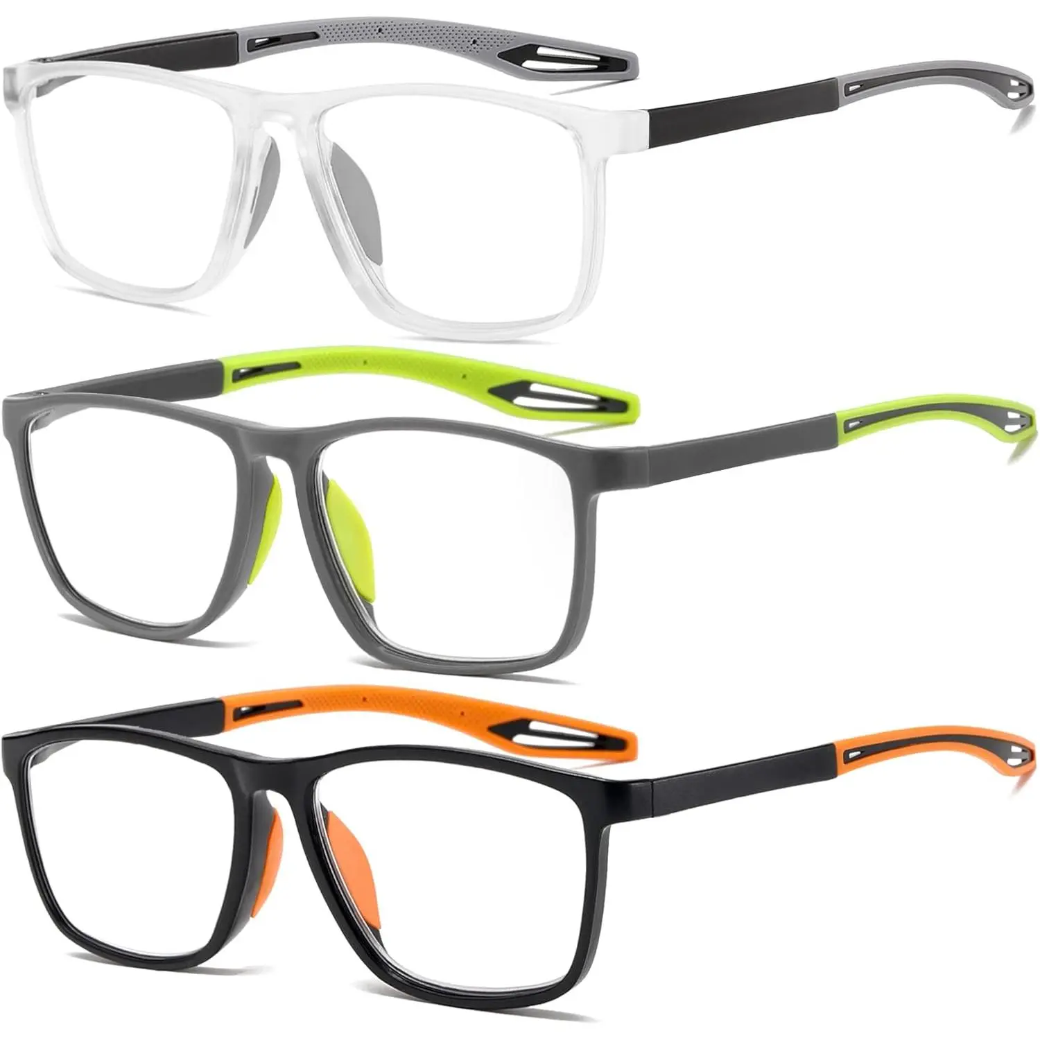 Men's Reading Glasses 3-Pair Set, Sporty Mix & Match TR90 Frames with Anti-Strain Blue Light Blocking Lenses and Non-Slip Pads +2.0, Flawless, Pack, High Quality Eyewear, Lightweight, 2.0 Sporty Design, +2.0 Magnify, Tr90 Plastic, 11G, Office/Car, Daily U