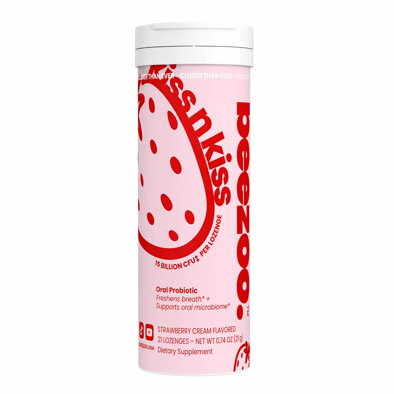 beezoo Kiss Tab - Oral Probiotic for Fresh Breath at the Source - 15 Billion Probiotics, 5 Strains - Sugar-Free Strawberry Cream, 21 Tabs (Vegan, Non-GMO)