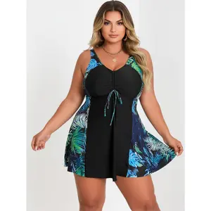 2026 Plus Size Black Tropical Leaf Print Swim Dress for Women, V Neck Drawstring Waist Modest One Piece Swimsuit with Boy Shorts Bottom,with Drawstring Detail for Summer Vacation