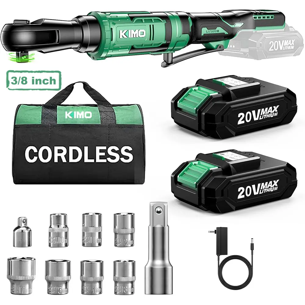 KIMO 3/8"-Drive Cordless Electric Ratchet Wrench Full Set - 74 Ft-lbs Torque, 400 RPM, 20V Ergo Grip Tool with 2x2.0Ah Lithium-Ion Batteries, 7 Sockets, 3" Extension Bar, 3/8" Adapter for Tough Jobs