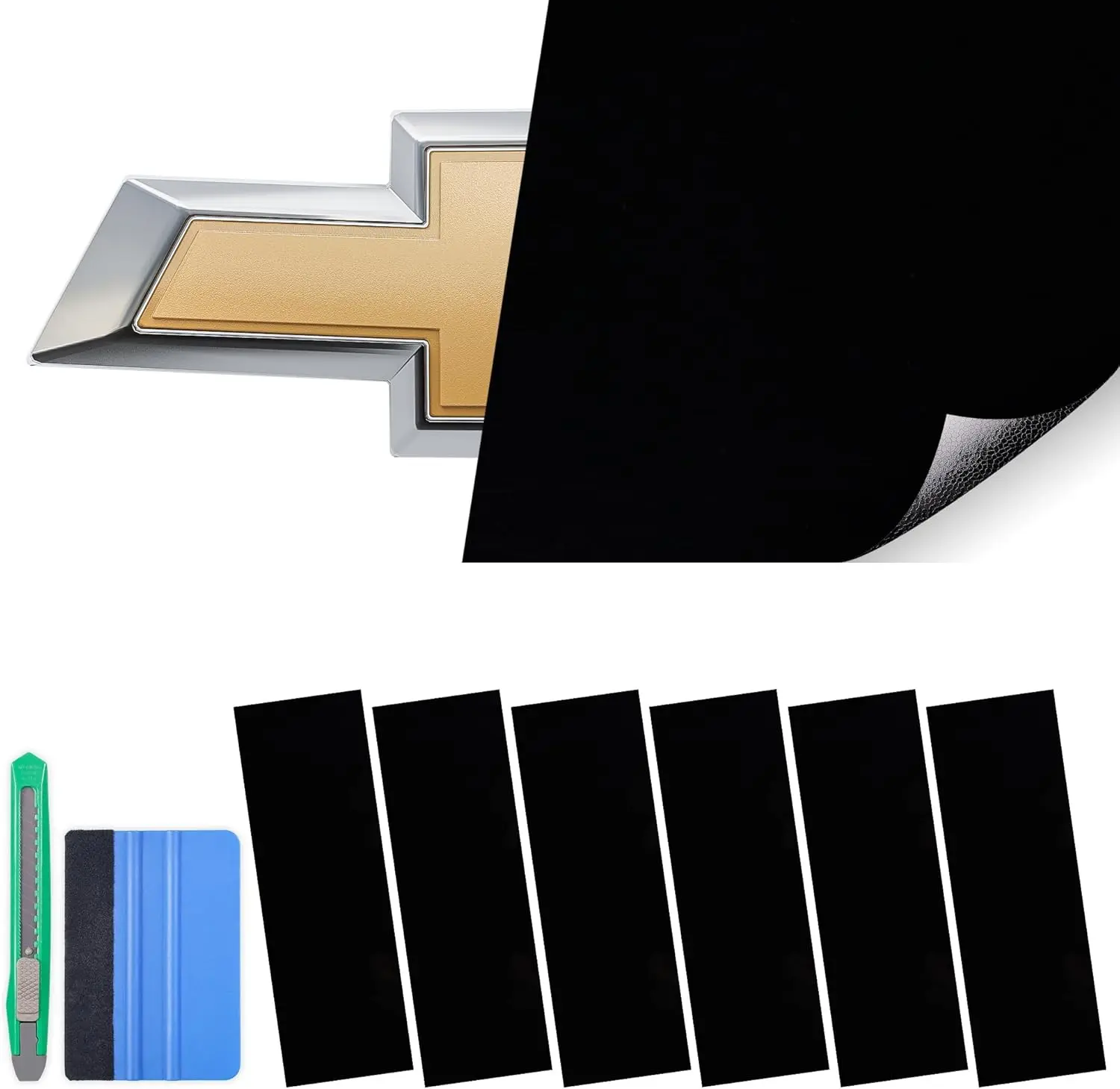 Black Chevy Bowtie Emblem Vinyl Wrap Kit (11.8in x 4in, 6Pcs) with Spatula, Cutter, Universal Emblem Overlays, Car Exterior Vehicle Accessories, Steering Wheel Badge Stickers for Cars, Steering Wheel Badge Car Stickers