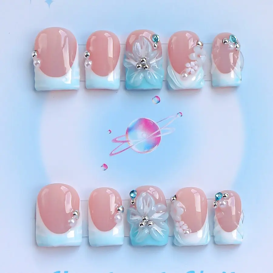 Nails by Sheccid, 10pcs Press-On Nails, Handmade Press-On Nails with Jelly Glue, Crystal Sticks and Twisting Rods, Square Shape French Tip Style 3D Nail Designs, Suitable for Dates and Weddings, Gift for Girls, French Tips Nails