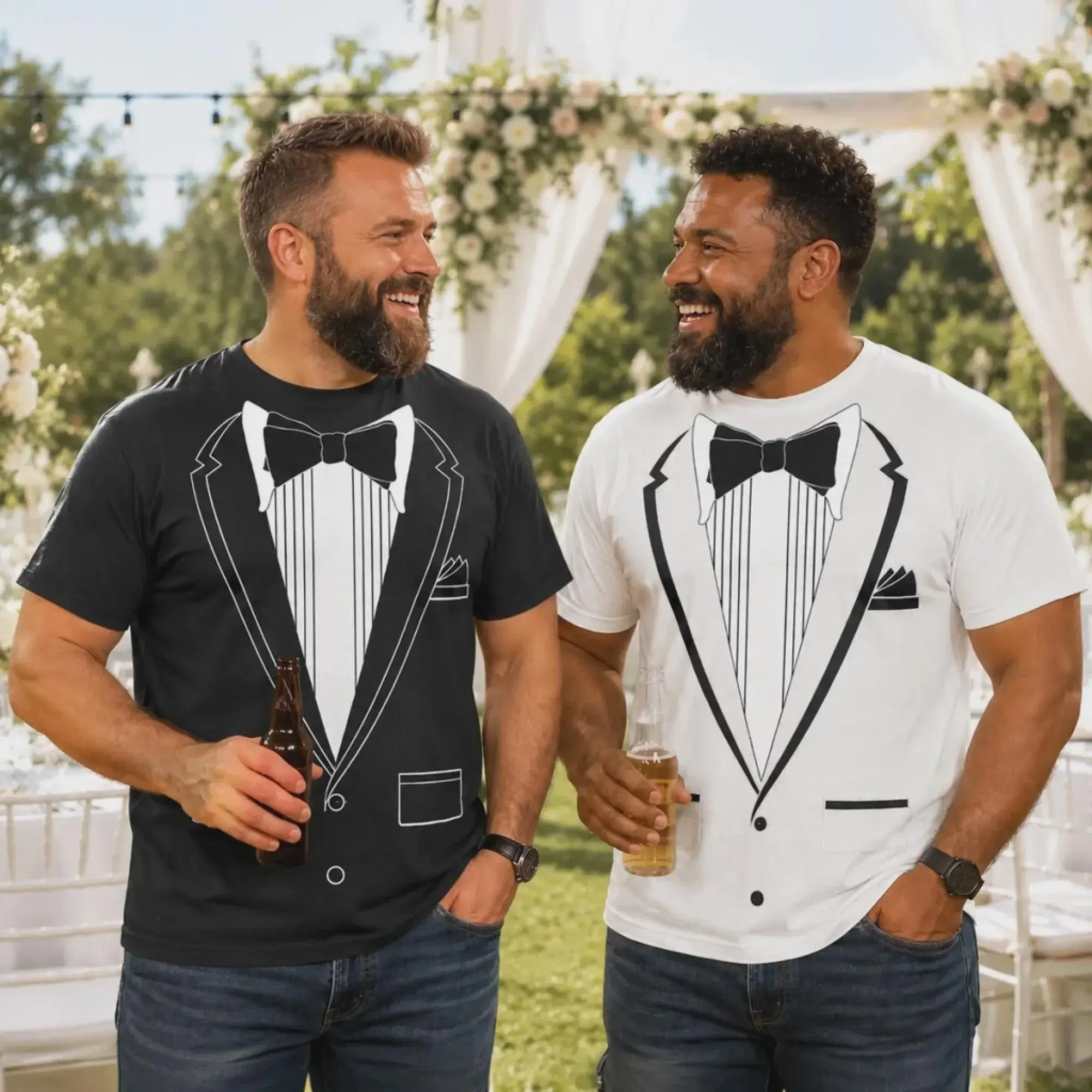 Funny Tuxedo AOP T-Shirt, Custom Men Cotton Graphic Tee for Groom, Birthday Gift