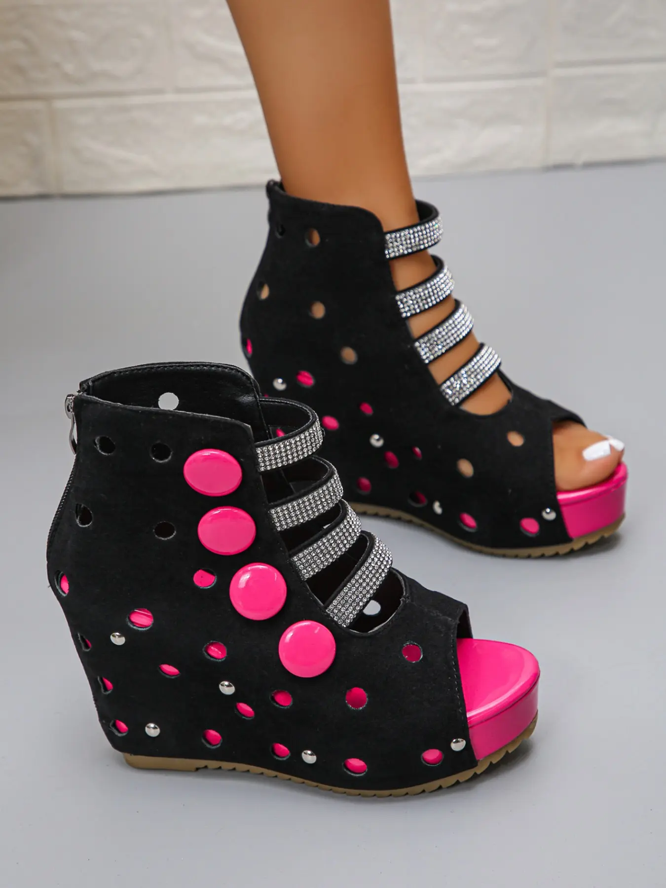 Women's Summer Wedge Sandals, Elegant Colorblock Embellished Heels Buckle Punk Rivet Three Straps Fish Mouth Rubber Thick Sole, Party Festival Shoes Heeled Wedge Shoes