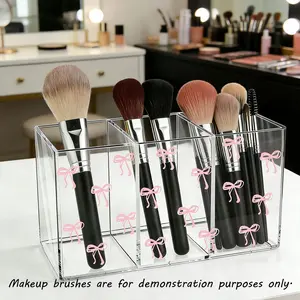 Bow Acrylic Cosmetic & Office Storage Box, Multifunctional Storage Bin, Divided Compartments, 3 Compartment Desk Organizer, Makeup Brush Holder, Beauty Supplies Organizer, Bathroom Storage Organizer, Makeup Tool Organizer