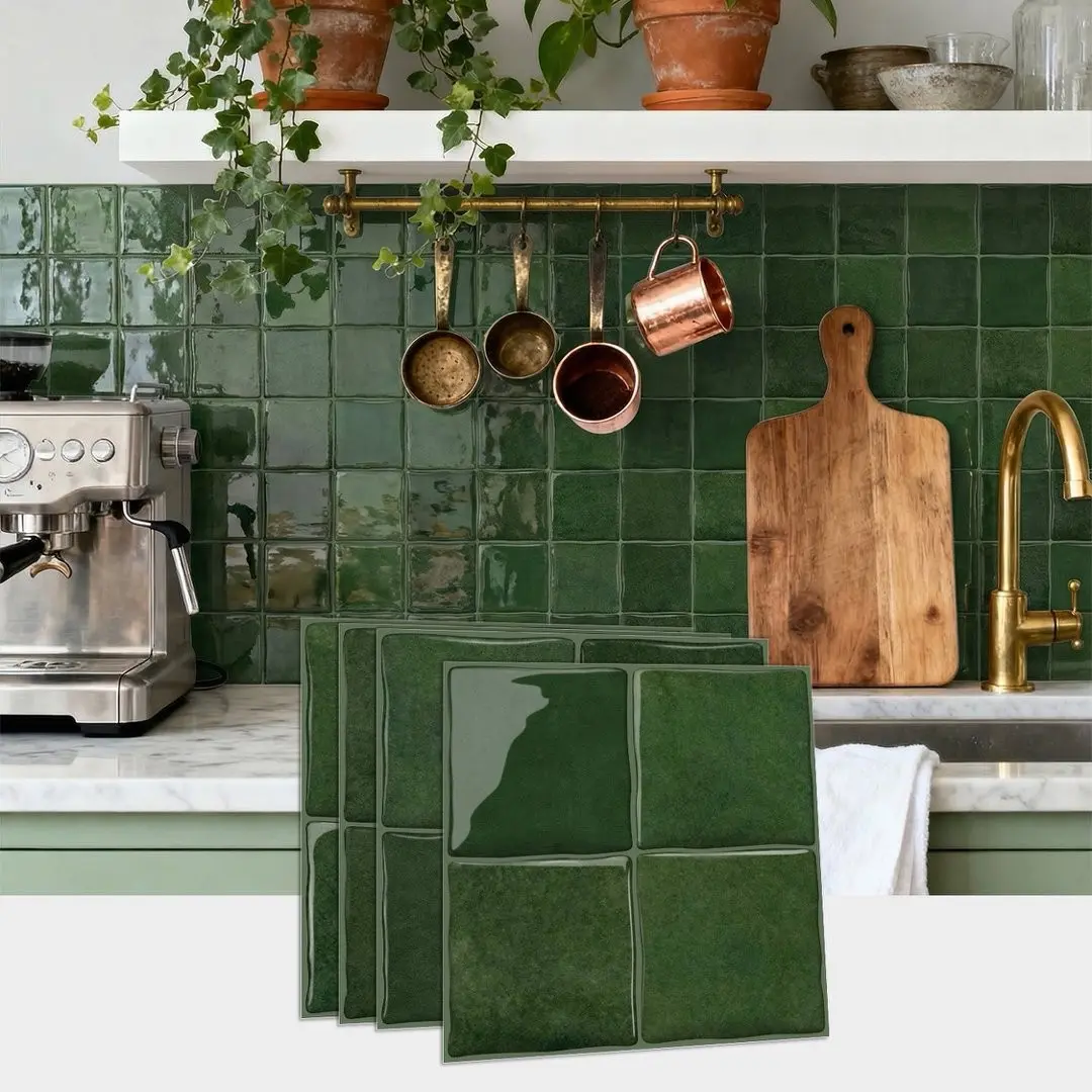 20/24 pieces green self-adhesive decorative wall tiles, green square tiles sticker - marble Stick On DIY Backsplash for kitchen, bathroom, dining - 6x6 inches Self Adhesive Stickers, Waterproof Wall Decal, Tile Wall Decals