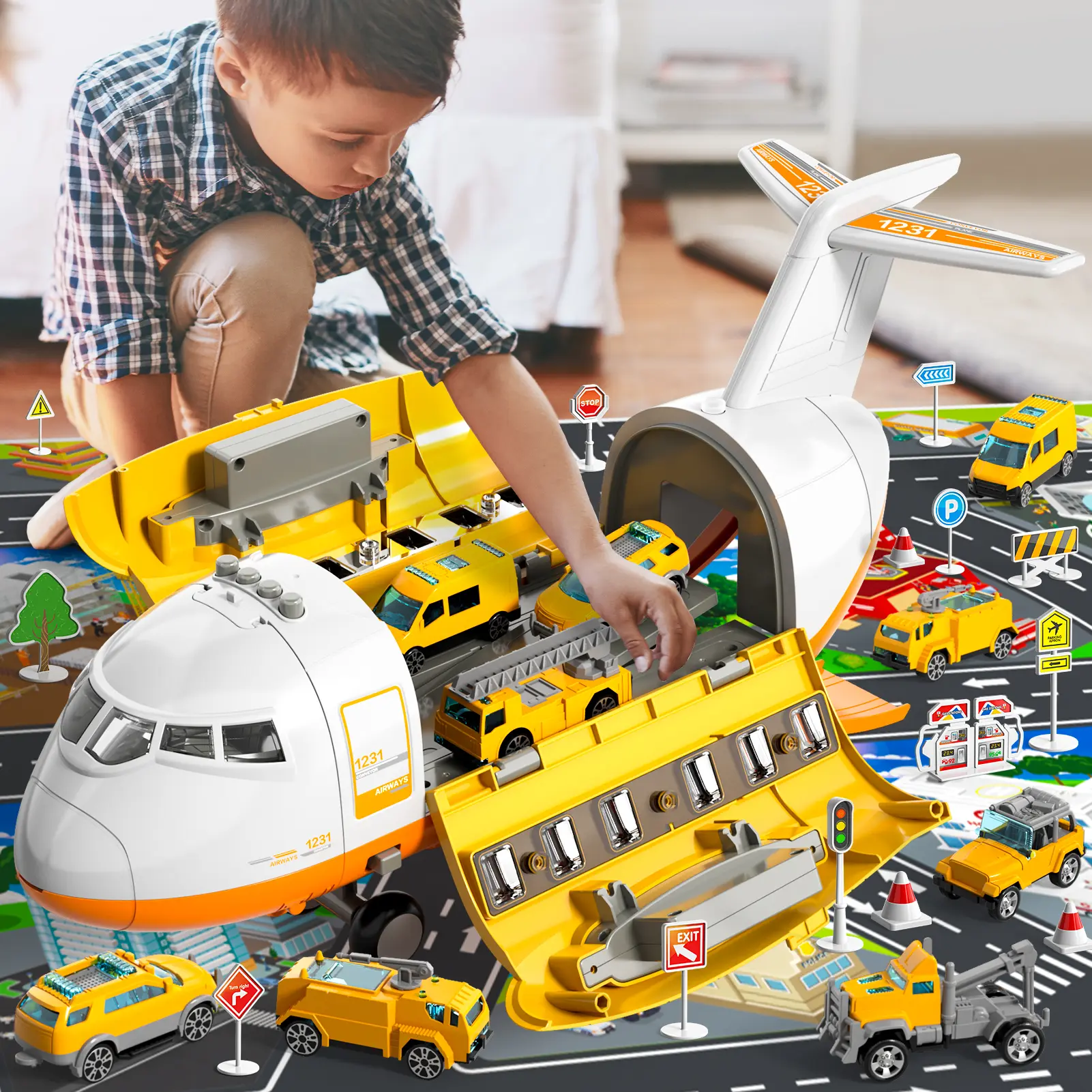1 Set 360 Degree Rotating Flying Fun Airplane Toy, Anti-collision Aircraft Toy, Birthday Gift, Comes with 10 small cars, storage design available,Kids interactive educational toy, great gift for boys girls toddlers daily play,Cartoon Airplane Toy