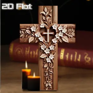 Rustic Wooden Cross Wall Decor with Floral Pattern, Elegant Home or Church Decoration, Religious Art Hanging, Stylish Religious Decor, Artificial Wood Material