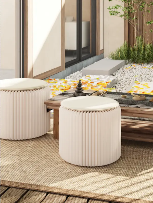 Creative Fashion Cowhide Round Stool, Foldable, No Assembly Required, Suitable for Various Scenarios: Living Room, Bedroom, Exhibition, Beauty Salon