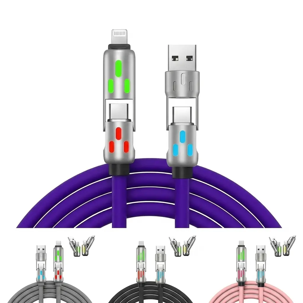 4-in-1 Retractable Charging Cable - Aesthetic Electronic Cable for Smartphone, Cellphone - Lightning, USB-C, USB-A Connectors with Plug Compatibility