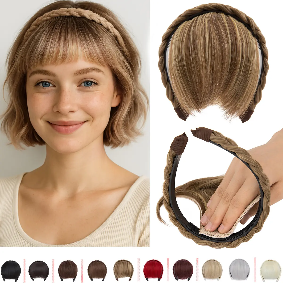 Braid Headband Instant Secret Hair Bangs With Headband Braid Hair French Fringe Synthetic Hairpiece for Women for Daily