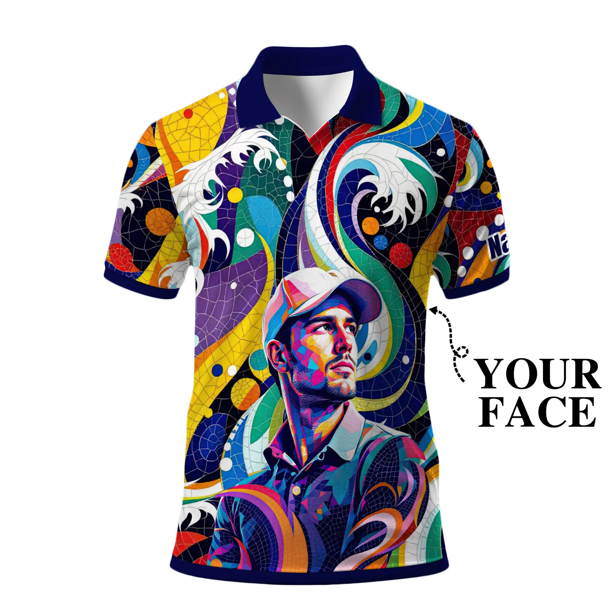Personalized Mosaic Golf Polo Shirt with Custom Face for Men Vibrant Swirl Design Unique Gift for Father's Day Birthday Team Event Customizable Photo Text Premium Polyester Shirt Moisture Wicking Machine Washable