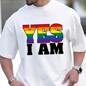 Yes I Am Rainbow Print T-Shirt, LGBTQ+ Pride Statement Casual Top Sweatshirt Classic